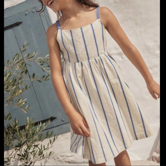 MINI BODEN Kids Back Cutout Dress Ivory Blue Stripe Sleeveless Cotton Size 3-4YR - Picture 1 of 9